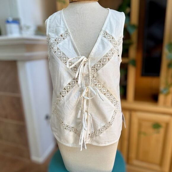 Lace Trim Tie Front Cotton & Linen Tank - Ivory NWT - Picture 2 of 8